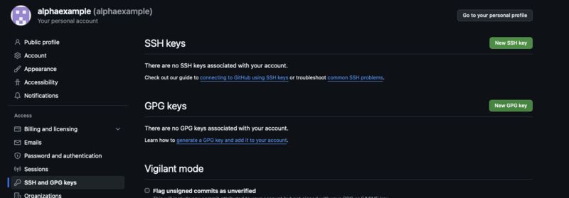 SSH key management page